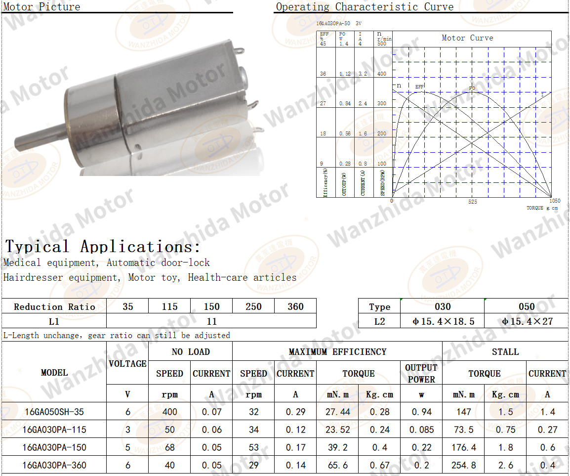 OT-16GA Gear Motor|Medical equipment motor-Wanzhida Motor